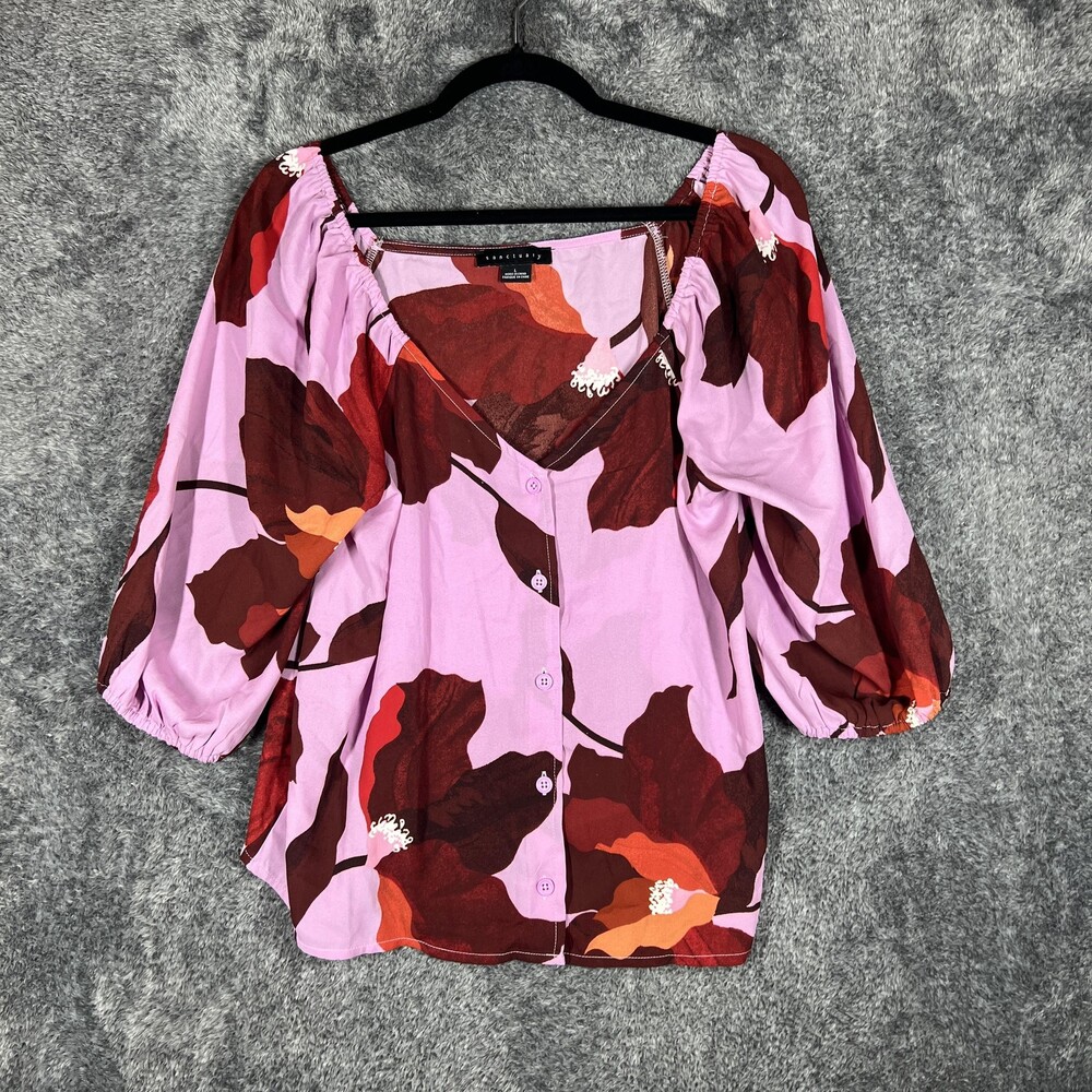 Sanctuary Blouse Womens L Pink Floral Off The Shoulder Puff Sleeve Button